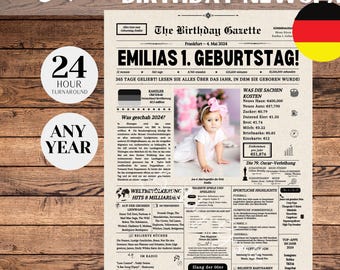 May include: A vintage-style newspaper design with a headline that reads "Emilia's 1st Birthday!" and a photo of a baby girl. The newspaper includes headlines and articles about events that happened in the year 2024, such as world population, music hits, and sports highlights.
