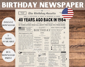 40th Birthday Newspaper Sign 1984, 40th Birthday Gift for Men or Women, Back in 1984, 40th Birthday Decorations, Instant Download