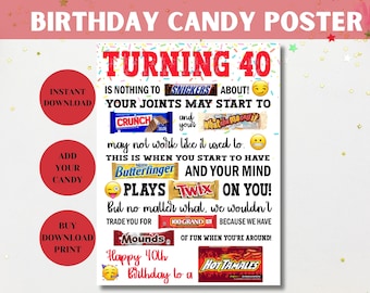 May include: A white printable poster with a humorous birthday message for someone turning 40. The poster features a variety of candy bar wrappers and the text "Turning 40 is nothing to Snickers about! Your joints may start to... and your... may not work like it used to. This is when you start to have... and your mind plays... on you! But no matter what, we wouldn't trade you for... because we have... of fun when you're around! Happy 40th Birthday to a..."