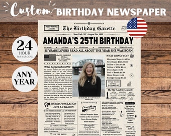 25th Birthday Newspaper, 25th Birthday Decorations, 25th Birthday Gift for Him or Her, Back in 1999 Sign, 25th Birthday Games