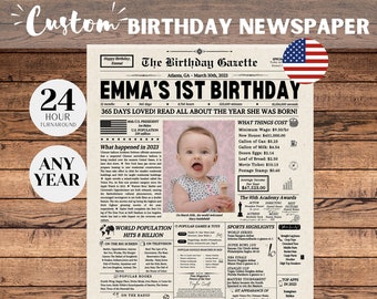 Cartello poster per giornale del primo compleanno, regalo per il primo compleanno per figlio o figlia, compleanno stampabile per bambini, regalo personalizzato per bambini