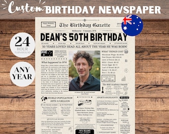 50th Birthday Newspaper Poster Australia, 50th Birthday Gift Men or Women, 1974 Birthday, 50 Years Ago Back in 1974, Australia Newspaper