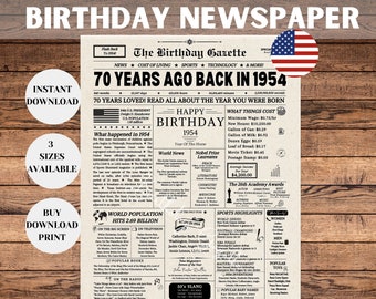 70th Birthday Newspaper Poster Sign, 70th Birthday Gift for Men or Women, 1954 Birthday, 70 Years Ago Back in 1954