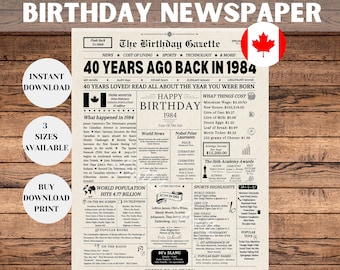 40th Birthday Newspaper Sign 1984 CANADA, 40th Birthday Gift for Men or Women, Back in 1984, 40th Birthday Decorations, Instant Download