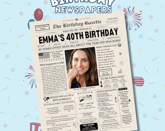 Regalo di giornale per il 40° compleanno, giornale dell'anno in cui sei nato, regalo di compleanno per il 40° compleanno per lui o per lei, informazioni sull'anno di nascita, cartello personalizzato per feste