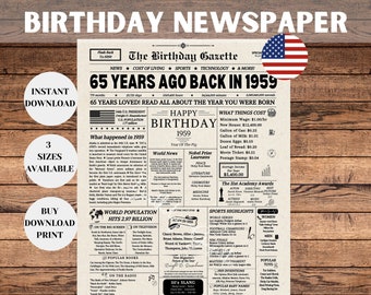 Back in 1959, 65th Birthday Newspaper Sign, 65th Anniversary Sign, 1959 Birthday Poster, 65 years ago back in 1959, 65th Birthday Gift