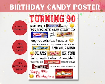 May include: A white poster with a colorful candy theme for a 90th birthday. The poster features various candy bar names and images, including Snickers, Crunch, Whatchamacallit, Butterfinger, Twix, Mounds, 100 Grand, and Hot Tamales. The text on the poster reads "Turning 90 is nothing to Snickers about! Your joints may start to... and your... may not work like it used to. This is when you start to have... and your mind... plays... on you! But no matter what, we wouldn't trade you for... because we have... of fun when you're around! Happy 90th Birthday to a..."