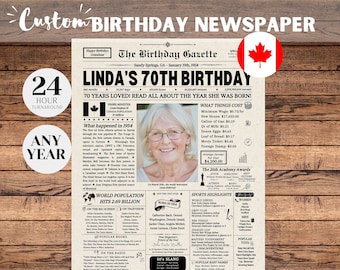 70th Birthday Newspaper Poster Sign Canada, 70th Birthday Gift for Men or Women, 1954 Birthday, 70 Years Ago Back in 1954, Canada Facts