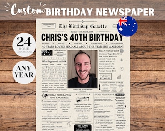 40th Birthday Newspaper Poster AUSTRALIA, 40th Birthday Gift for Him or Her, 40th Birthday Decor, Gift for Men, Gift for Women, Aussie Facts