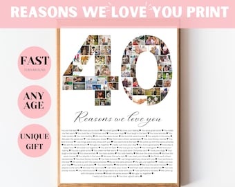 40 Reasons We Love You Custom Photo Collage, Why I Love You Picture Collage, Gift for Friend's 40th Birthday, 40 Year Anniversary Gift