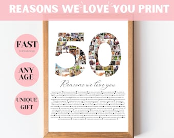 Könnte beinhalten: Ein weißer gerahmter Druck mit einer Fotocollage, die die Zahl 50 bildet. Der Druck trägt den Text "Reasons we love you" und eine Liste von Gründen, die unter der Zahl stehen.
