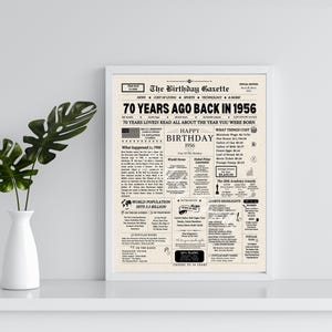 70e verjaardag krant posterbord, 70e verjaardagscadeau voor mannen of vrouwen, 1956 verjaardag, 70 jaar geleden terug in 1956 afbeelding 7