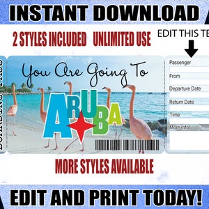Bilhete de embarque para Aruba, revelação de viagem de passagem aérea para impressão, ingressos para impressão, bilhete de viagem surpresa para Aruba para download