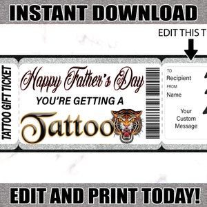 Tattoo Geschenkkarte Vatertag Tattoo druckbare Zertifikat Editierbare Tattoo Geschenk druckbare Tickets. Vatertag Tattoo Geschenk