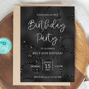 Black Marble Party Invitation, Instant Download, Black Party Invite, Birthday Invitations, Editable Invitations Template
