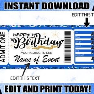 Alles Gute zum Geburtstag Konzertticket, druckbares Konzertticket, bearbeitbares Konzertticket, bearbeitbare Tickets, Überraschungskonzertticket