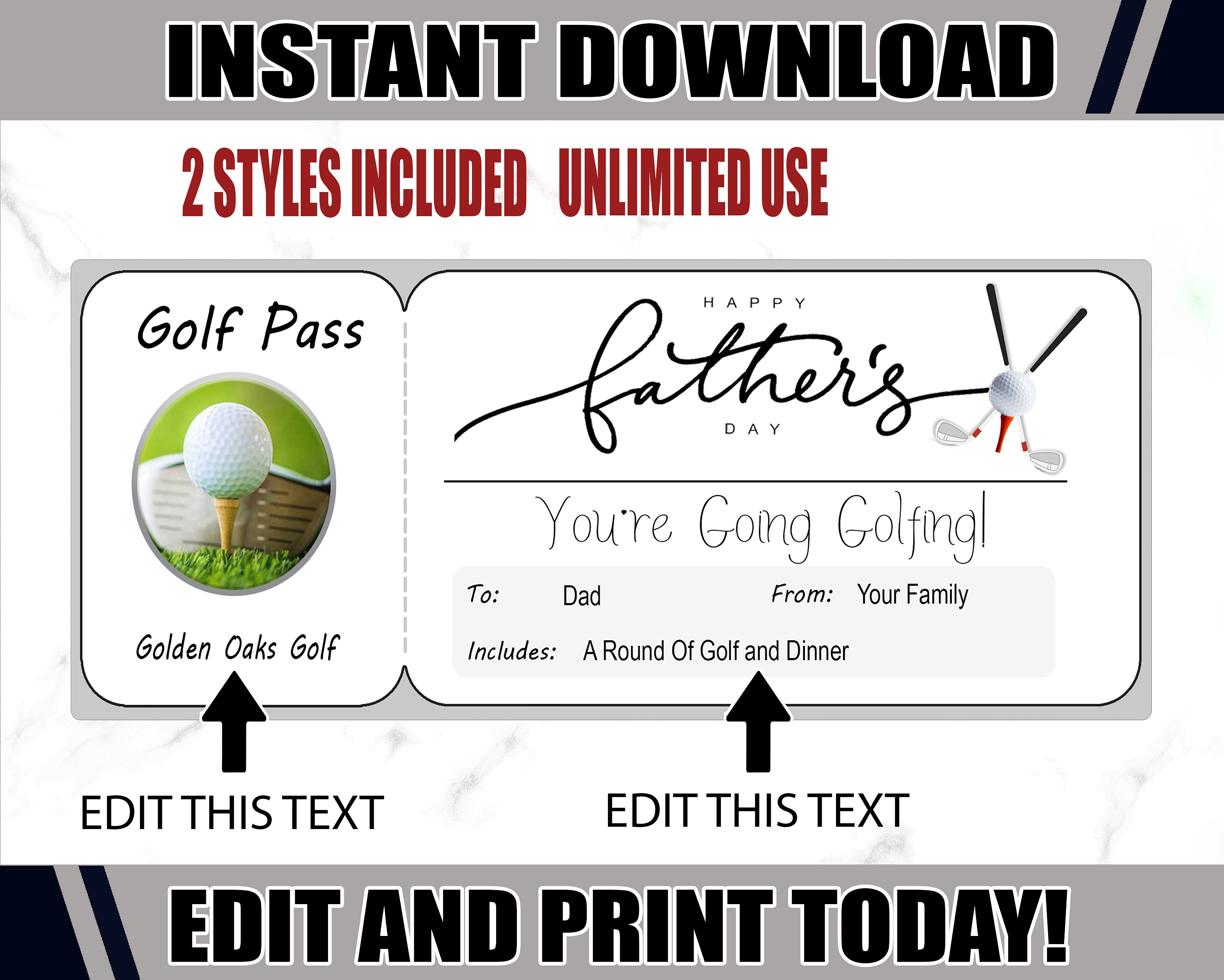 Golf Ticket Father's Day Golf Printable Certificate Etsy