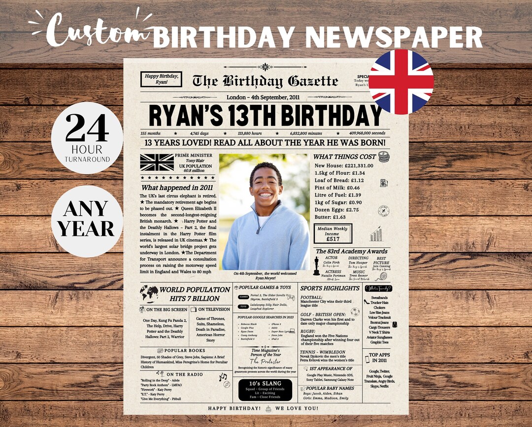13th Birthday Newspaper UK 13th Birthday Gift Idea for Boys and Girls