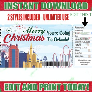 Weihnachts-Orlando-Bordkarte, druckbare Flugticket-Reise enthüllen, druckbare Tickets, Überraschungs-Flugticket nach Orlando
