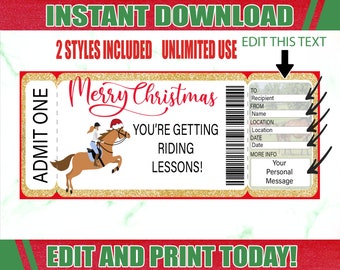 Christmas Horseback Riding Gift Certificate Ticket - Printable Birthday Ticket For Horseback Riding Lessons, Downloadable Editable