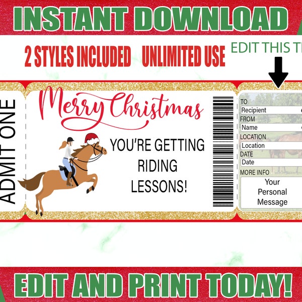 Christmas Horseback Riding Gift Certificate Ticket - Printable Birthday Ticket For Horseback Riding Lessons, Downloadable Editable