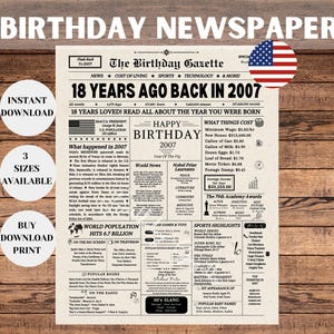 Letrero de periódico para el 18.° cumpleaños, regalo para el 18.° cumpleaños de los niños, qué sucedió en 2007, póster de hace 18 años en 2007, descarga instantánea