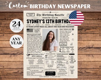 13th Birthday Newspaper USA, 13th Birthday Gift Idea for Boys and Girls, 2013 Newspaper, 13 Years Ago Back in 2013, Gift For Son or Daughter