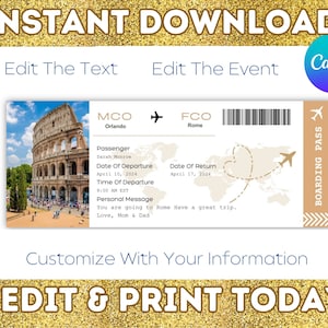 Biglietto modificabile della carta d'imbarco di Roma, Rivelazione del viaggio del biglietto aereo stampabile, Biglietti stampabili, Biglietto del viaggio a sorpresa a Roma scaricabile