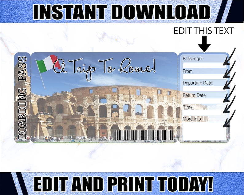 Rome Boarding Pass Ticket Printable Airline Ticket Trip Etsy New Zealand