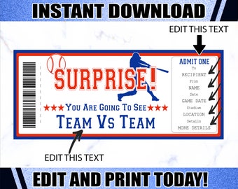 Baseball Game Ticket, Birthday Baseball  Ticket, Printable Baseball Ticket, Editable Surprise Ticket, Gift For Baseball Lover