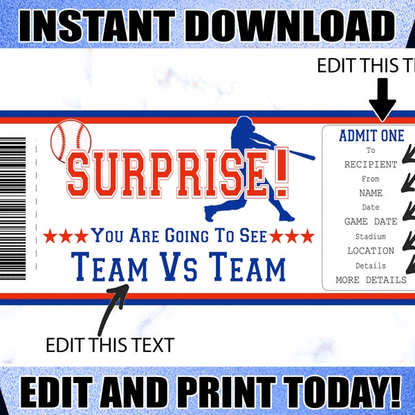 Baseball Game Ticket, Birthday Baseball  Ticket, Printable Baseball Ticket, Editable Surprise Ticket, Gift For Baseball Lover