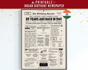 Back in 1941 India 85th Birthday Newspaper Poster, 1941 Birth Year Facts & Highlights, Indian Edition, Instant Download