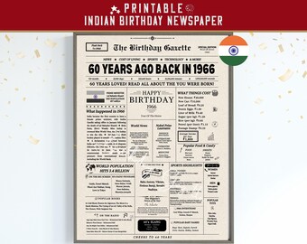Back in 1966 India 60th Birthday Newspaper Poster, 1966 Birth Year Facts & Highlights, Indian Edition, Instant Download