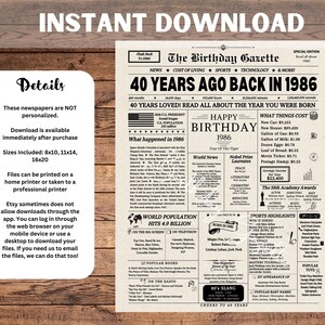 Enseigne de journal pour 40e anniversaire 1986, cadeau de 40e anniversaire pour homme ou femme, retour en 1986, décorations de 40e anniversaire, téléchargement immédiat image 3