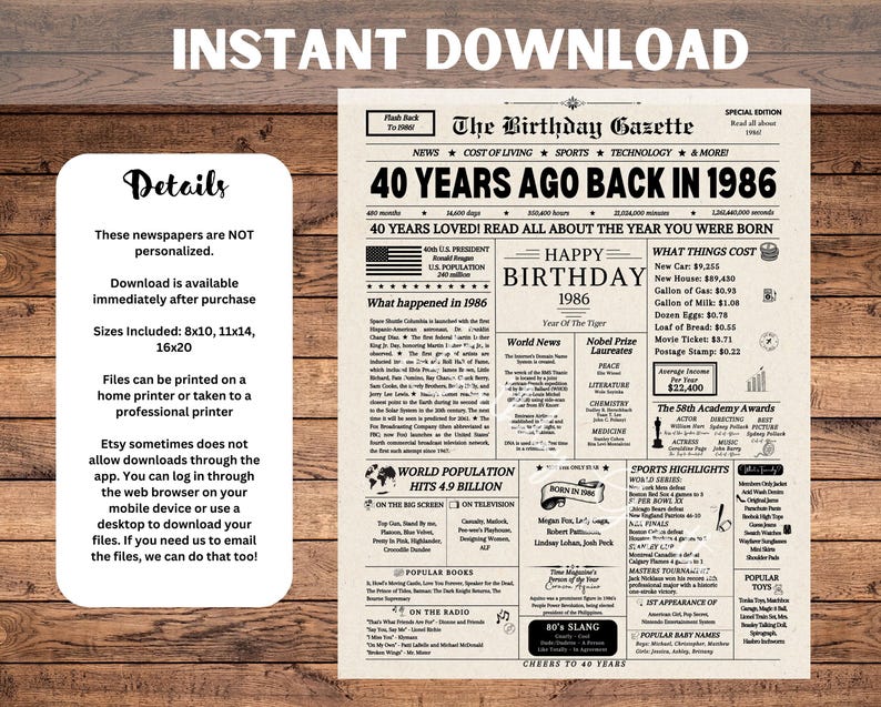 Enseigne de journal pour 40e anniversaire 1986, cadeau de 40e anniversaire pour homme ou femme, retour en 1986, décorations de 40e anniversaire, téléchargement immédiat image 3