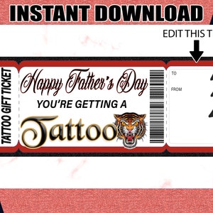 Tattoo Geschenkkarte Vatertag Tattoo druckbare Zertifikat Editierbare Tattoo Geschenk druckbare Tickets. Vatertag Tattoo Geschenk