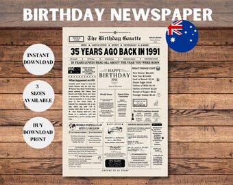 35th Birthday Newspaper Sign 1991 AUSTRALIA, 35th Birthday Gift for Men or Women, Back in 1991, 35th Birthday Decorations, Instant Download