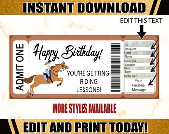 Peut inclure: Billet d'anniversaire imprimable avec une illustration d'un cheval et d'un cavalier. Le billet indique "Joyeux anniversaire ! Vous recevez des cours d'équitation !" et comprend une section pour la personnalisation avec le nom du destinataire, le lieu, la date et un message personnel.
