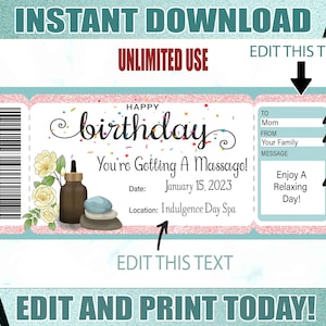 Modèle de billet de joyeux anniversaire, vous obtenez un massage, billet cadeau d'anniversaire, certificat-cadeau de massage modifiable, billets imprimables