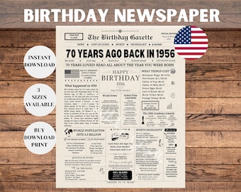 Affiche de journal 70e anniversaire, cadeau 70e anniversaire pour homme ou femme, anniversaire 1956, il y a 70 ans en 1956