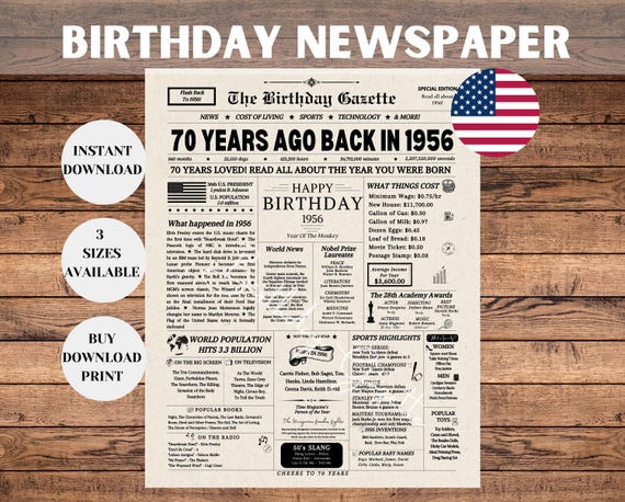 70th Birthday Newspaper Poster Sign, 70th Birthday Gift for Men or Women, 1956 Birthday, 70 Years Ago Back in 1956