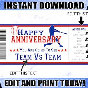 Hochzeitstag Geschenke für Ehemann, bearbeitbares Baseballspielticket, druckbares Ticket, Überraschungsticket, Geschenk für Baseballliebhaber