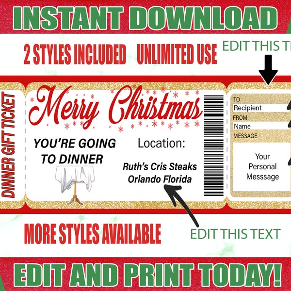 Christmas Dinner Ticket , Printable Christmas Dinner Ticket, Editable Dinner Voucher, Surprise  Dinner Certificate