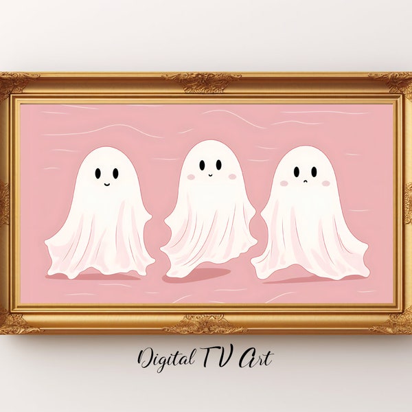 3 Pink Ghosts TV Frame Art, Halloween Decorations, Spooky Season, Instant Download, Samsung Art TV