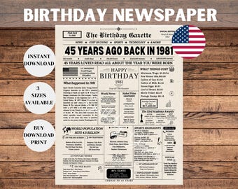 45th Birthday Newspaper Poster: Back in 1981, Unique Party Sign, Birth Year Facts