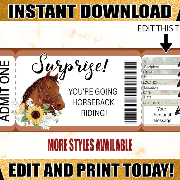 Horseback Riding Gift Certificate Ticket - Printable Surprise Ticket For Horseback Riding, Downloadable Editable