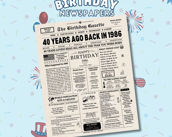 40th Birthday Newspaper Sign 1986, Easy Printable Birthday Gifts, 40th Birthday Gift for Men or Women, Back in 1986, Instant Download