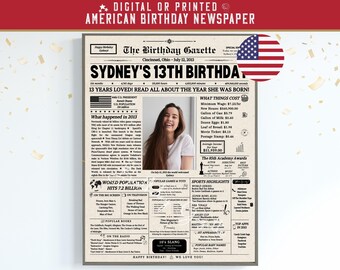 13th Birthday Newspaper USA, 13th Birthday Gift Idea for Boys and Girls, 2013 Newspaper, 13 Years Ago Back in 2013, Gift For Son or Daughter