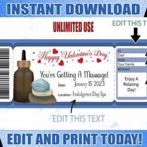 Valentine&#39;s Dad Husband Massage Gift Ticket Massage Printable Certificate Editable Massage Gift Certificate  Fathers Massage Voucher