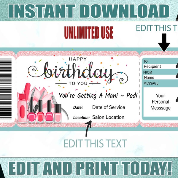 Birthday Mani Pedi Gift Ticket Mani Pedi Printable Certificate  Editable Mani Pedi Gift Certificate  Printable Tickets.Mani Pedi Voucher